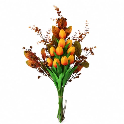 19-Piece Artificial Fall Flowers, Orange Tulip Mix for Vase | Bendable Stems with Tulips, Berries, Eucalyptus and Fall Leaves for Vases and Thanksgiving Centerpieces - color: Orange1