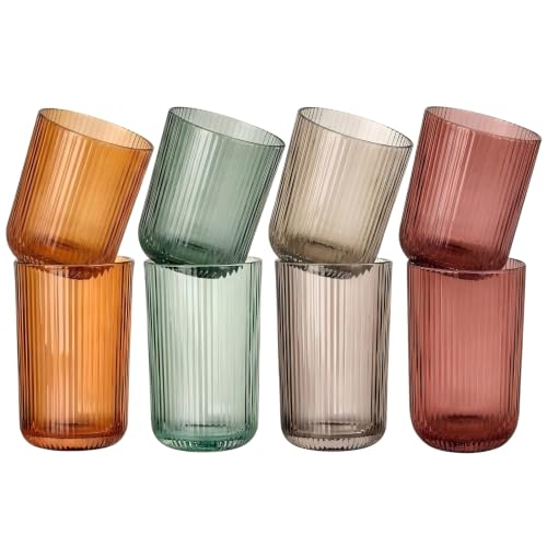 Set of 8 Colored Ribbed Drinking Glasses,4 Highball Glasses 13.2oz & 4 Rocks Glasses 8.5oz,Vintage Glassware for Water, Juice, Iced Coffee, Cocktails, Housewarming Christmas Gift - color: Multicolor