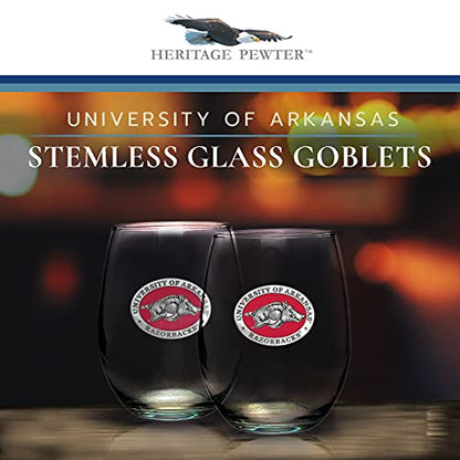 Heritage Pewter Arkansas Razorbacks Stemless Glass Goblets – Set of 2 | 15 OZ Goblet Wine Glasses | Expertly Crafted Pewter Glass - style: ARKANSAS RED