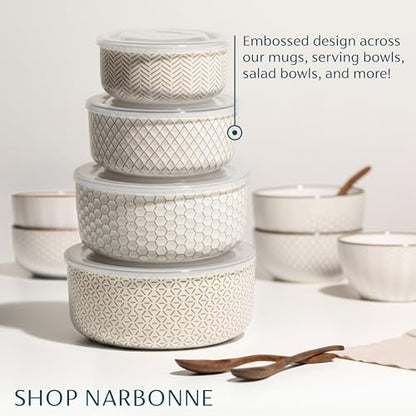 KooK Serving Bowls, with Lids, Ceramic Nesting Bowls, Set of 4, Embossed, Kitchen, Prep, Stackable, Gift, Microwave and Dishwasher Safe, 16/29/47/70 oz, Narbonne Collection (Ivory) - size: 70 Oz