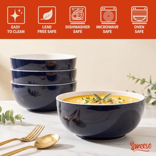 Sweese 24 oz Ceramic Cereal Bowl Set of 4, 6" Breakfast Bowl Stackable, Round Serving Bowl for Rice, Snack, Fruit and Everyday Meals, Navy Blue - color: Navy, size: 24 Ounce (Set of 4)