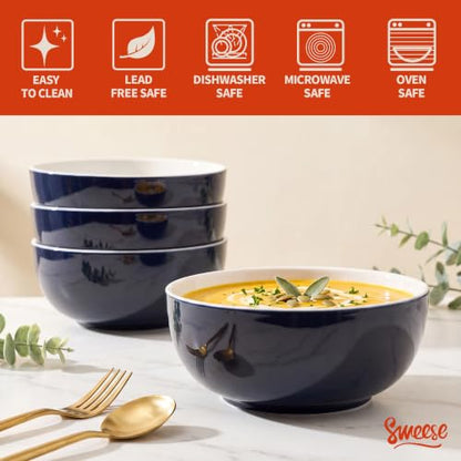 Sweese 24 oz Ceramic Cereal Bowl Set of 4, 6" Breakfast Bowl Stackable, Round Serving Bowl for Rice, Snack, Fruit and Everyday Meals, Navy Blue - color: Navy, size: 24 Ounce (Set of 4)
