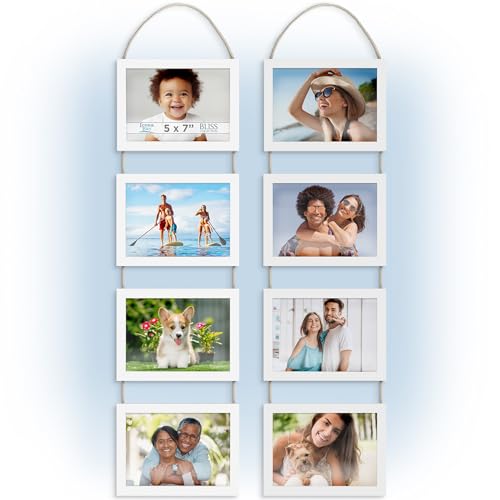 5x7 Hanging Picture Frames Collage with 8 Openings - Winter White, 2 PK | Icona Bay casual style engineered wood frames, designed for wall hanging, space-saving photo display, Bliss collection - color: Winter White, size: 5x7