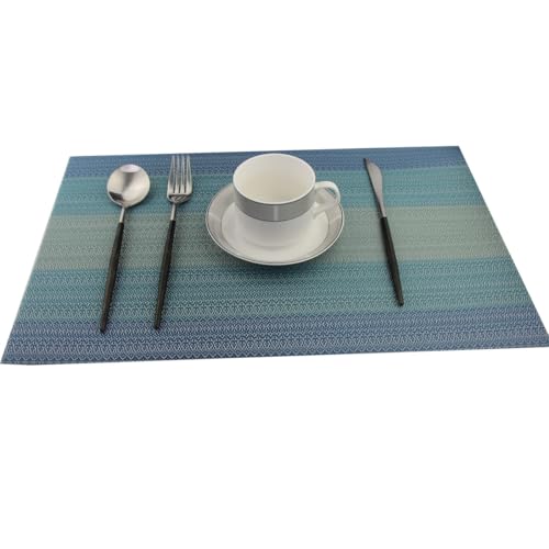 Placemats Washable Easy to Clean PVC Placemat for Kitchen Table Heat-resistand Woven Vinyl Hard Table Mats 12x18 inches Set of 6 （Blue） - color: Blue, size: placemats set of 6