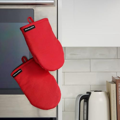 KITCHENAID Gourmet Series Gridlines Mini Oven Mitts 2-Pack Set, Heat Resistant up to 600°F, Soft Silicone Grip, Magnetic Cuff, Passion Red, 5.5"x9" - color: Passion Red