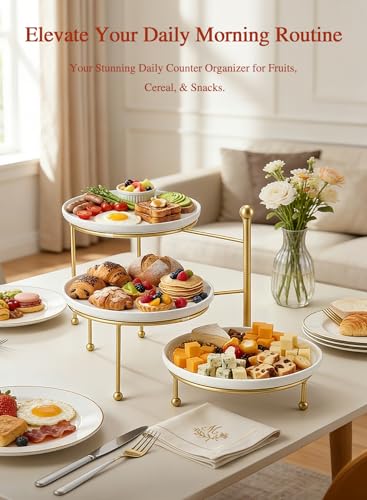 Tiered Serving Tray for Party, 10 Inch Dessert Display Stand, Gold | 3*Porcelain Durable Round Serving Plates, Microwave/Dishwasher Safe, Elegant Display, Wedding/Tea/Party serving - color: Gold