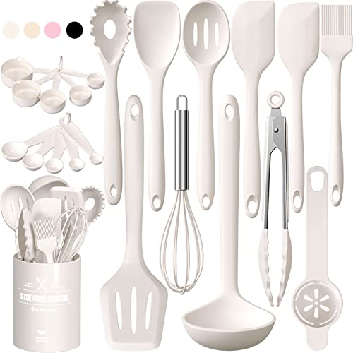 Kitchen Utensils Set, Umite Chef 22Pcs Silicone Cooking Utensils Set, Heat Resistant Silicone Kitchen Spatulas Set with Holder, White Cooking Gadgets Tools Set for Nonstick Cookware, Dishwasher Safe - color: White