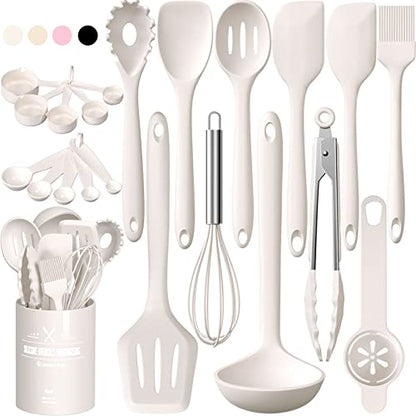 Kitchen Utensils Set, Umite Chef 22Pcs Silicone Cooking Utensils Set, Heat Resistant Silicone Kitchen Spatulas Set with Holder, White Cooking Gadgets Tools Set for Nonstick Cookware, Dishwasher Safe - color: White