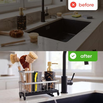ZenSink Sponge Holder for Kitchen Sink, Kitchen Sink Caddy Organizer with Drain Tray, High Brush Holder, Rustproof 304 Stainless Steel Kitchen Counter Organizer