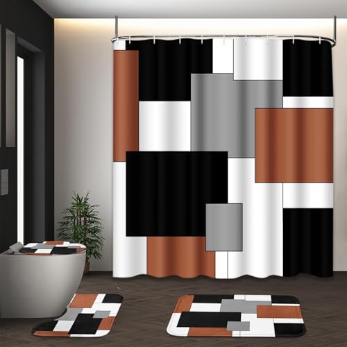 Bathroom Sets with Shower Curtain and Rugs, 4 Pcs, Geometric Modern | Abstract Checkered Brown Bathroom Decor Set with Toilet Lid Cover, Non-Slip Bath Mats and Accessories 12 Hooks - color: Abstract Geometric Brown