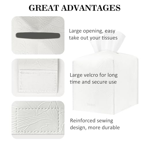 Tissue Box Holder Cover Square Tissue Cube Cover PU Leather Tissue Organizer with Bottom Belt for Bathroom, Tabletop, Kitchen, Night Stands, Office, Home, Car (1, White) - color: White