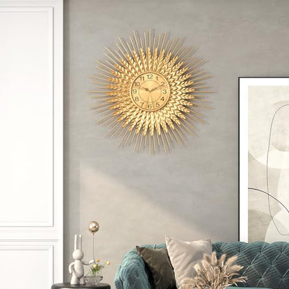 Large Mid Century Gold Wall Clock Decorative Modern Sunburst Wall Clocks, Metal Big Silent Non-Ticking Clock, Luxury Home Gift Decor for Living Room, Bedroom, Dining Room, 24 inch - size: 3. Gold-Wheat(Dismountable-60cm)