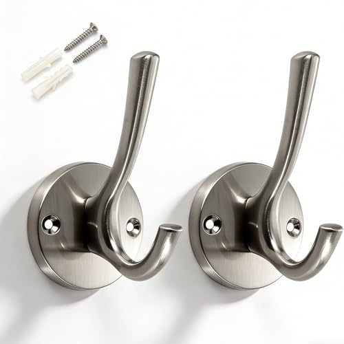 Towel Hooks for Bathrooms Silver Wall Hooks 2 Pack Brushed Nickel Coat Hooks Heavy Duty Towel Wall Hooks for Coats Robes Hats Bath Entryway Cubicle Kitchen Screw in Brushed Nickel Towel Hooks - color: Silver