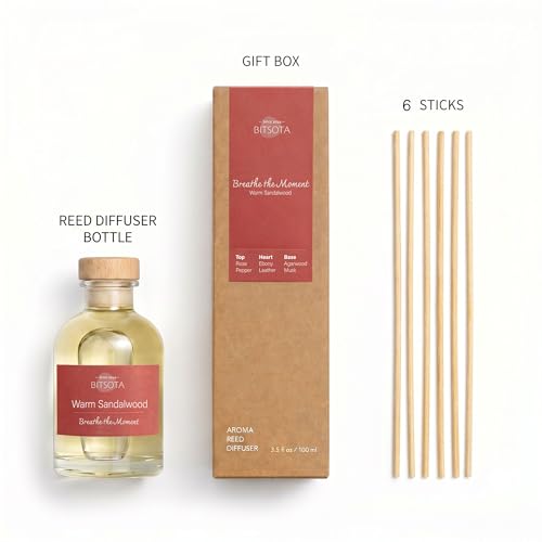 Natural Reed Diffuser Set, Warm Sandalwood 3.52 oz (100ml) Scented Diffuser with Sticks Home Fragrance Reed Diffuser for Bathroom Shelf Decor, Ideal Gift for Woman