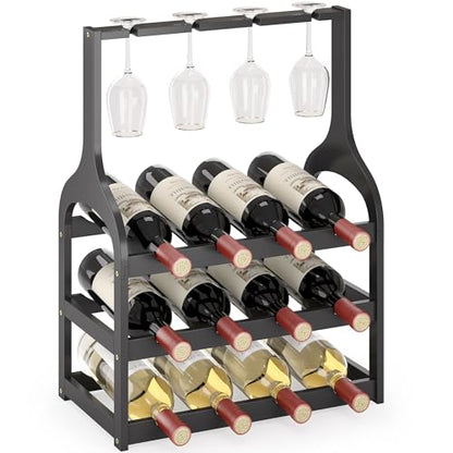 Bamboo Wine Rack Countertop, Small Free Standing Racks Tabletop Display | 12 Wine Bottles and 4 Glass Holder | Wooden Wine Storage Organizer Shelves for Kitchen Bar, Cellar, & Dining Room | Black - color: Black With Glass Holder