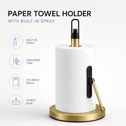 Paper Towel Holder with Spray Pump, All-in-One Countertop Paper Towel Stand with Refillable Bottle, One-Handed Tear Kitchen Roll Holder, Weighted Base, Brushed Stainless Steel (Gold) - color: Gold