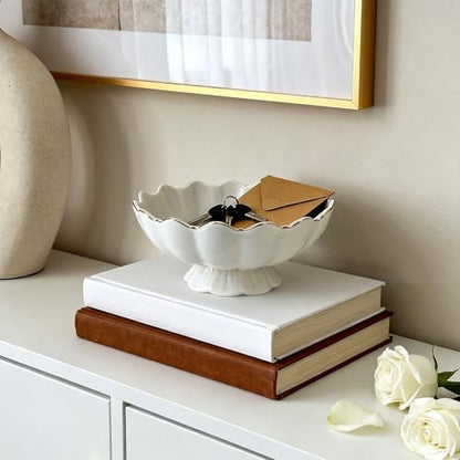 White Small Decorative Bowl 8 Inch Ceramic Key & Fruit Bowl Ruffle Lotus Shape with Gold Rim Candy Bowl, Multi-Use Centerpiece Pedestal Bowls for Kitchen Counter, Coffee Table, Entryway, Wedding