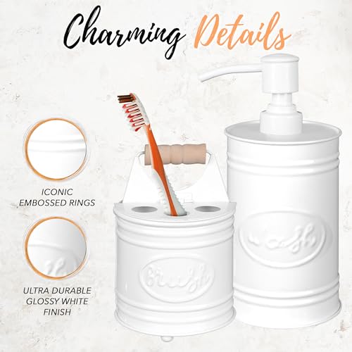 Autumn Alley Kids Bathroom Accessories Set – 2-Piece White Soap Dispenser & Toothbrush Holder, Farmhouse Bathroom Countertop Organizer for Kids, Durable Metal Bathroom Set with Wood Handle - color: White