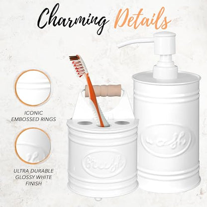 Autumn Alley Kids Bathroom Accessories Set – 2-Piece White Soap Dispenser & Toothbrush Holder, Farmhouse Bathroom Countertop Organizer for Kids, Durable Metal Bathroom Set with Wood Handle - color: White
