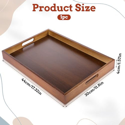 17.3 Inch Acacia Wood Serving Tray with Handles | Decorative Rectangular Tray Large Wooden Ottoman Tray for Breakfast in Bed Dinner Coffee Table Entryway Kitchen