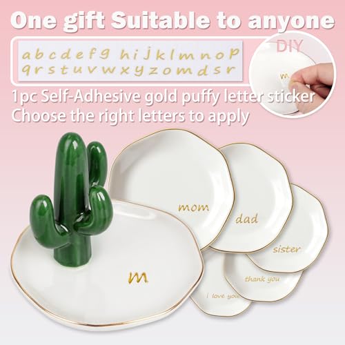 LUCKINEE Ceramic Jewelry Tray Round Ring Dish Trinket Dish Gifts for Women | Personalized Birthday Gifts for Mom Dad,Sisters and Friends,with 1pc Gold Puffy Letter Sticker A-Z, With 1pc Greeting Card - color: DIY Cactus Style - A-Z