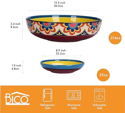Bico Tunisian Ceramic Pasta Bowl, Set of 5(1 unit 214oz, 4 units 35oz), for Pasta, Salad, Microwave & Dishwasher Safe - style: Tunisian