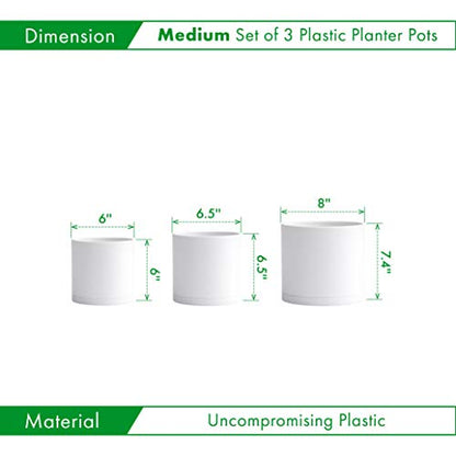 D'vine Dev 3-Pack Plastic Pots & Saucers, 6/6.5/8 in, White, 74-V-A-3 | Multi-Size Options, Lightweight Durable, Matte Finish, Cylinder Shape, Drainage Holes, Sleek Design, Detachable Saucer - color: Matte White, size: Medium