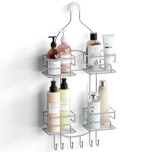 SRIWATANA Shower Caddy Hanging, Shower Organizer with Razor Hooks, Chrome | Rustproof Shower Rack, No Drilling Shelves Over Shower Head, Anti-Swing Scution Install, Bathroom Holder for Sponge Loofah - color: Chrome
