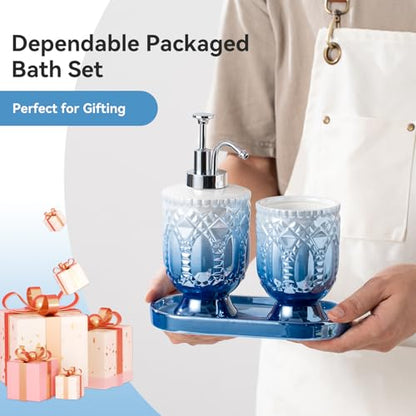 Ceramic Bathroom Accessories Set, 3pcs Blue Bathroom Soap Dispenser Sets with Lotion Dispenser, Toothbrush Holder, Soap Dish - Complete 3 Pieces Set Bathroom Accessories