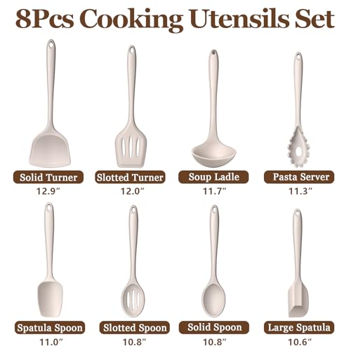 LIANYU Non-Toxic Kitchen Cooking Utensils Set, 8Pcs Khaki Silicone Utensils | Stainless Steel Core, Non-Scratch Spatula Spoon Turner, Heat Resistant & Dishwasher Safe - color: Khaki