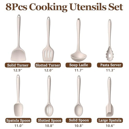 LIANYU Non-Toxic Kitchen Cooking Utensils Set, 8Pcs Khaki Silicone Utensils | Stainless Steel Core, Non-Scratch Spatula Spoon Turner, Heat Resistant & Dishwasher Safe - color: Khaki