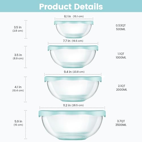 Luvan Borosilicate Clear Glass Mixing Bowls with Lids Set of 4 (0.53qt, 1.1qt, 2.1qt, 3.7qt), Space Saving Nesting Bowls Large Kitchen Salad Bowls for Meal Preping,Baking,Mixing,Dishwasher Safe - color: 4 Pack Light Blue