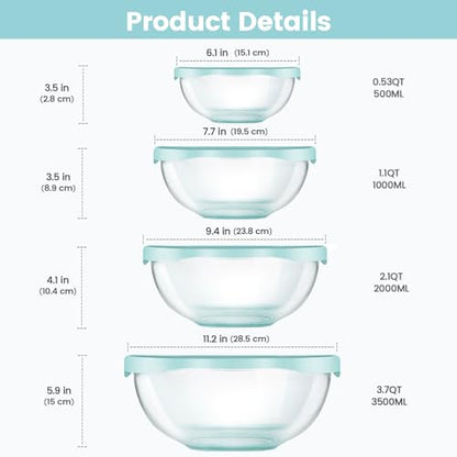 Luvan Borosilicate Clear Glass Mixing Bowls with Lids Set of 4 (0.53qt, 1.1qt, 2.1qt, 3.7qt), Space Saving Nesting Bowls Large Kitchen Salad Bowls for Meal Preping,Baking,Mixing,Dishwasher Safe - color: 4 Pack Light Blue