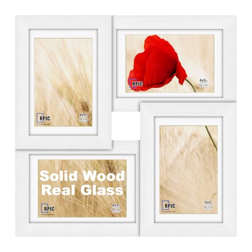 RPJC 4x6 Solid Wood Real Glass Collage Picture Frame Wall Display White | 4-opening Family Multi Photo Frames, Gift-Ready in White Box, A tasteful gift - color: White, size: 4x6-4opening