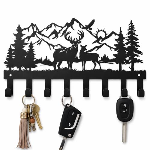 Deer Metal Key Holder for Wall, 14.5" X 8.9", Key Hooks for Wall Organizer, Key Rack, Forest Theme Coat Hat Towel Hooks, Ideal for Living Roo - size: Medium, style: Deer