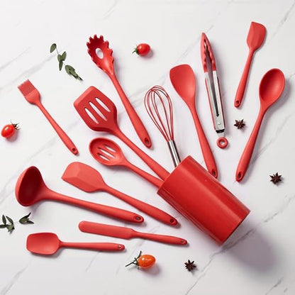 LIANYU 14 Pcs Silicone Cooking Utensils Set with Holder, Red | Kitchen Utensils Set for Non-Stick Cookware, 446°F Heat Resistant Cooking Tools with Comfort Grip Handle, Dishwasher safe - color: Red