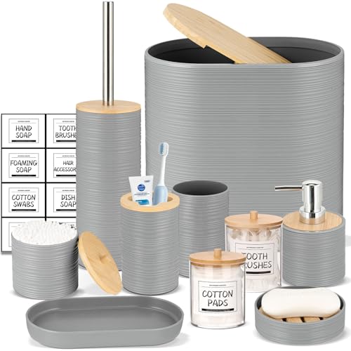 IMAVO Bathroom Accessory Set-11Pcs Grey Bathroom Accessories Set with Trash Can,Soap Dispenser,Soap Dish,Toothbrush Holder,Toothbrush Cup,Toilet Brush Holder,Qtip Holder Dispenser with Labels - color: Grey, size: 11 PCS Bathroom Set