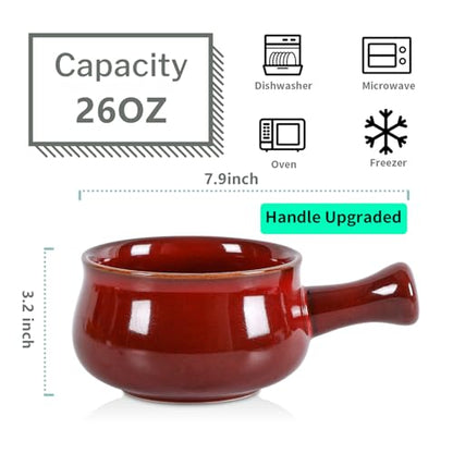 vicrays French Onion Soup Bowls With Handles, 26 Ounce for Soup, Chili, Beef Stew, Chip Resistant, Dishwasher Microwave Safe, Set of 4 (Cherry Red) - color: Cherry Red