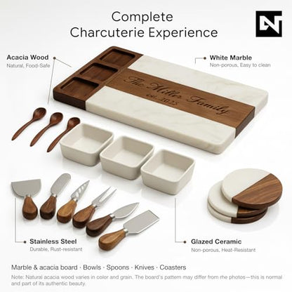 Personalized Charcuterie Board Set, Custom Engraved Marble Acacia Wood Cheese Board with Knife Set, Serving Board for Entertaining, Wedding, Valentines Day & Anniversary