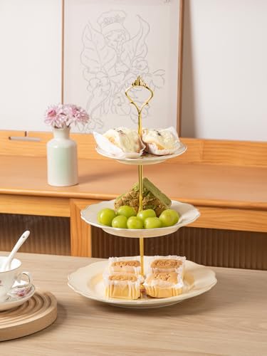 Sweejar 3 Tier Ceramic Cake Stand Wedding, Dessert Cupcake Stand for Tea Party Serving Platter(Flower Style) - color: Flower Style