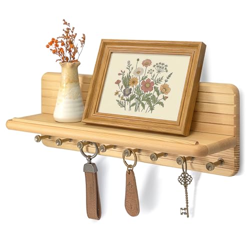 Rebee Vision Key Holder Wall Mount with Shelf for Home Decor, Natural Wood | Pine Wood, Key Holder for Wall, Round Corner, Floating Shelf, Key Hanger for Wallets, Mail Organizer, Neat Office Essentials - color: Natural Wood