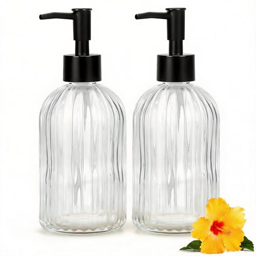 Kitchen Soap Dispenser Set with Wood Tray, Glass Soap Dispenser with Plastic Pump, Hand and Dish Set for Bathroom Decor (Clear)