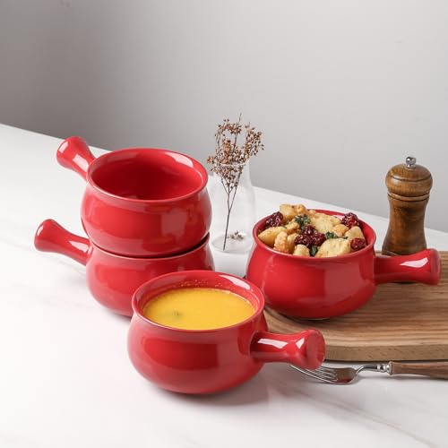vicrays French Onion Soup Bowls With Handles, 26 Ounce for Soup, Chili, Beef Stew, Chip Resistant, Dishwasher Microwave Safe, Set of 4 (Red) - color: Red
