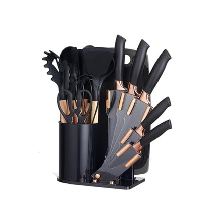 19 Pieces Kitchen Cooking Utensils and Knife Set with Holder Block, Include 11 Pcs Silicone Cooking Utensils 5 Pcs Sharp Stainless Steel Knives Scissors Whisk Tongs and Cutting Board (GREY) - color: Gray