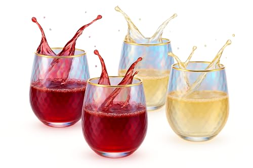 Rainbow Hammered Iridescent Stemless Wine & Water Glasses - Set of 4-100% Glass 15oz Mouthblown Colorful Pearl Glasses - Anniversaries, Birthday Gift, Cocktail Party Radiance - Water, Whiskey, Gift