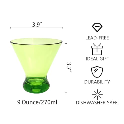 Set of 6 Martini glass 9 oz Stemless Glasses,Heavy Base Stable Cocktail/Drink/Juice/Red Wine Glasses,Fits Ice Cream/Milkshakes,Dishwasher Safe,Ideal Gift for Home Party (Green) - color: Green