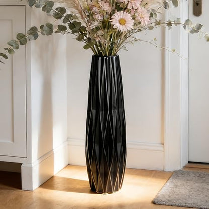 Black Tall Ceramic Floor Vase, 17.7 Inch, Ribbed Design | Matte Finish, Narrow Corners, Entryway, Bedroom, Compact Spaces - size: 17.7 Inch