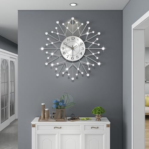 Large Decorative Silver Crystal Wall Clock for Living Room Decor | 24 Inch Big Modern Metal Wall Clock Battery Operated Non Ticking Quality Quartz Silent Clock for Kitchen Office Bedroom - style: Contemporary