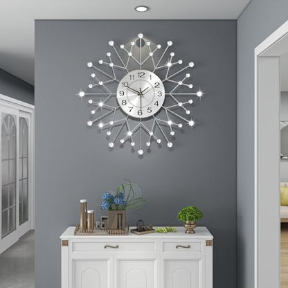 Large Decorative Silver Crystal Wall Clock for Living Room Decor | 24 Inch Big Modern Metal Wall Clock Battery Operated Non Ticking Quality Quartz Silent Clock for Kitchen Office Bedroom - style: Contemporary