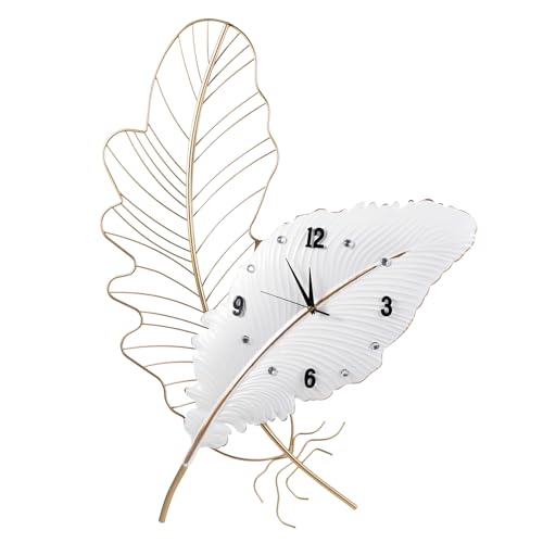 30 inch Metal Feather Large Modern Wall Clock | Silent Non-Ticking Decorative Clocks for Living Room, Bedroom, Dining Room - color: White-22x30inch